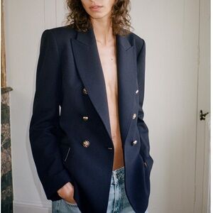 ZARA Women Gold Buttons Navy Double Breasted Jacket equestrian old money Jacket